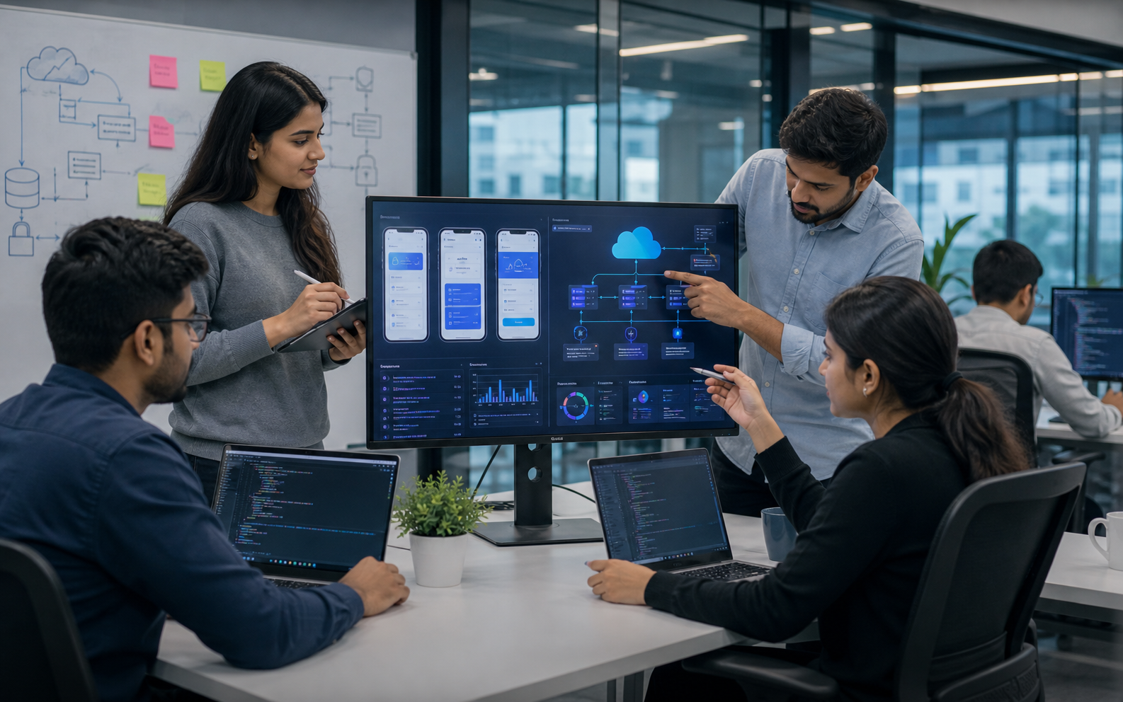 Hariman team planning mobile app screens, cloud infrastructure and backend APIs