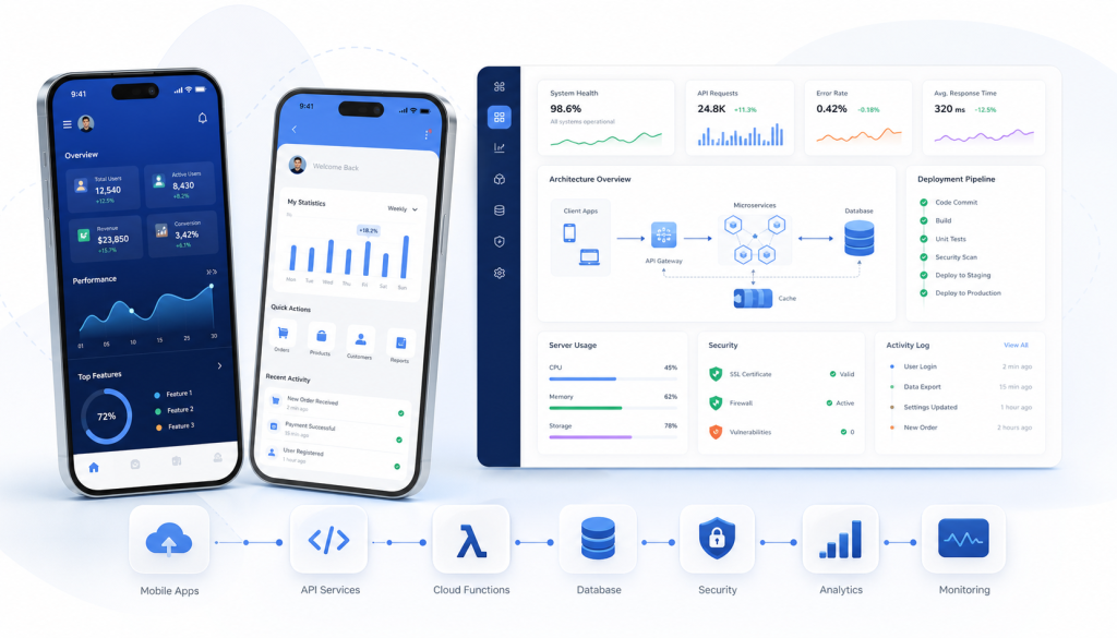 Mobile app screens connected with cloud services, APIs, database, security and analytics dashboard