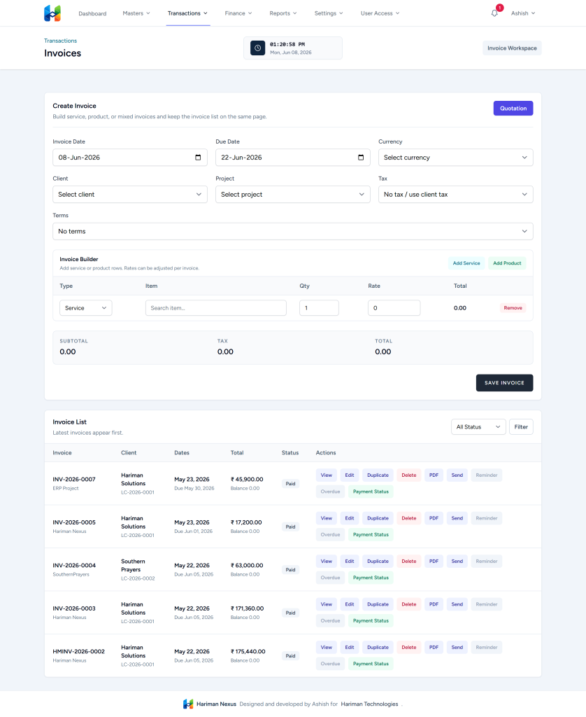 Hariman Nexus Invoices Module
